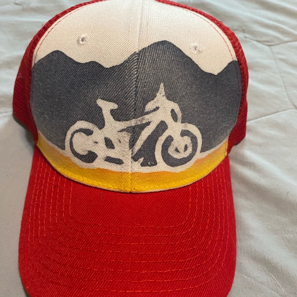 Red Trucker Hat with Mountain and Bike Design